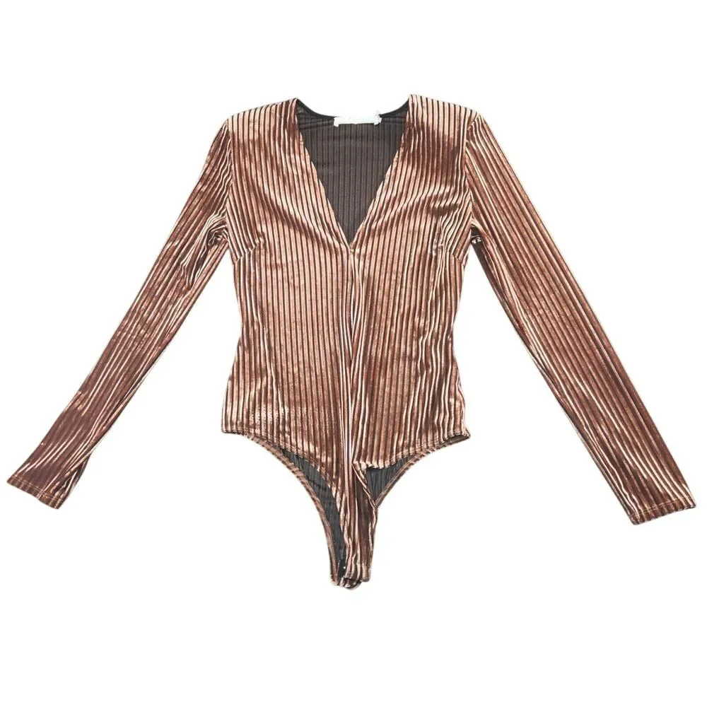 EUC ASTR The Label Womens Bodysuit Medium Brown/Gold Semi Sheer 90s Futuristic‎